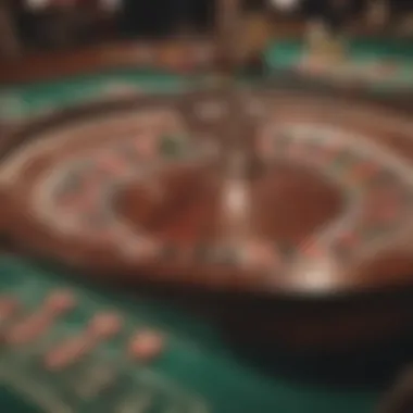 A gaming table featuring a roulette wheel in a vibrant casino setting.