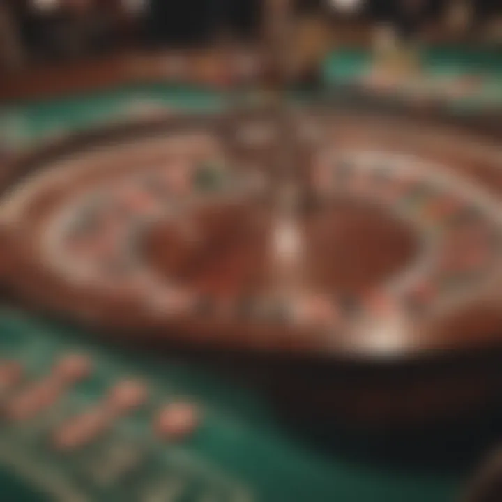 A gaming table featuring a roulette wheel in a vibrant casino setting.