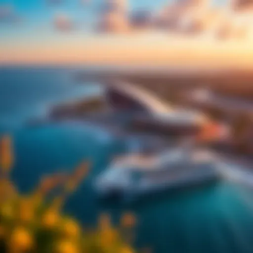 An aerial view of a stunning ocean casino surrounded by vibrant coastal scenery