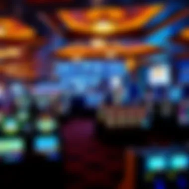 Aerial view of a bustling hotel casino floor filled with gaming tables and slot machines