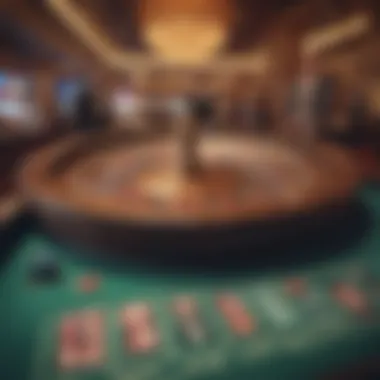 A serene casino environment capturing the essence of roulette tables filled with eager players and the excitement of the game.