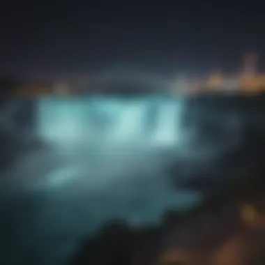 Glimpse of the stunning Niagara Falls illuminated at night.