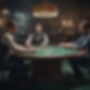 A vibrant poker table scene, emphasizing players in action with a focus on a player revealing a flush.