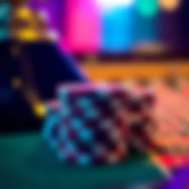 Close-up of roulette chips stacked in preparation for the game.