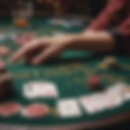 A close-up view of a blackjack table set for two players, highlighting the unique layout and cards.