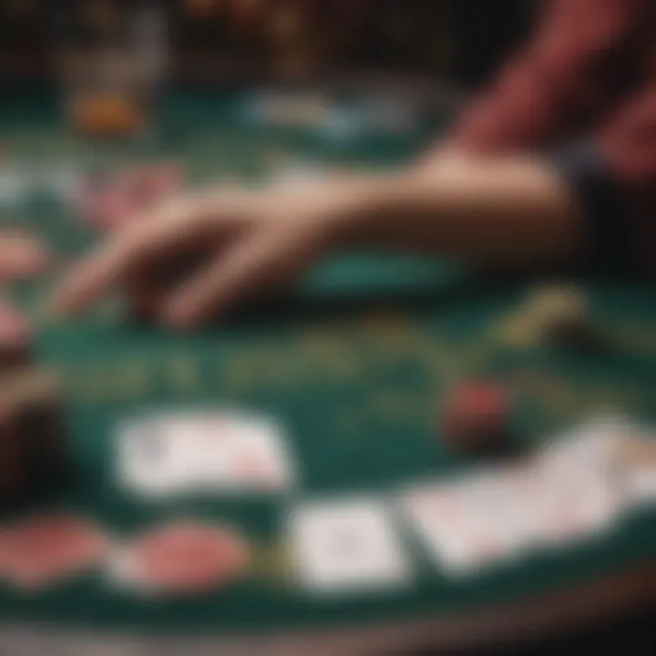 A close-up view of a blackjack table set for two players, highlighting the unique layout and cards.