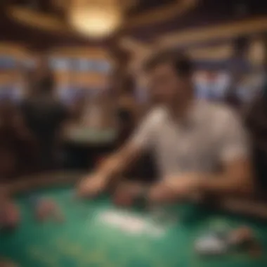 An overview of a crowded casino showcasing Ultimate Texas Hold'em tables