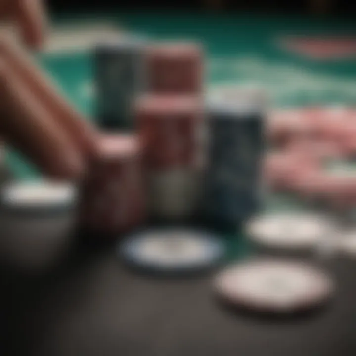 A close-up of poker chips and cards during gameplay