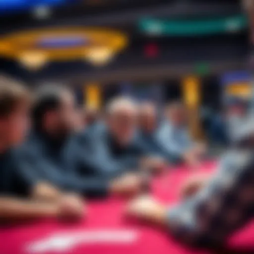 A dynamic poker tournament scene showcasing players and the host engaging the audience.