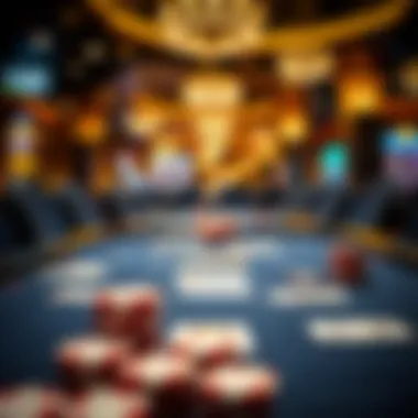 Close-up of a gaming table filled with cards and chips in an exciting casino atmosphere