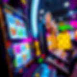 A close-up of a slot machine displaying bright lights and colorful symbols