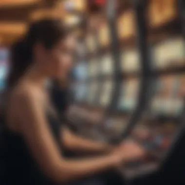 A player studying machine odds and statistics at a casino